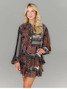 Olivaceous Patchwork Paisley Boho Mini Dress 100% Rayon Fall Festival